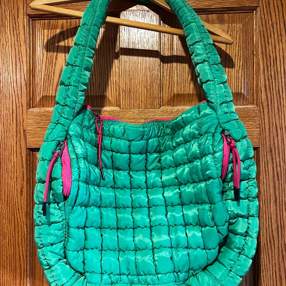 Green Quilted Shoulder Bag with Pink Accents
